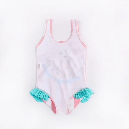 Pink baby girl's swimming suit with floral patterns, size L, for ages 18 months to 9 years