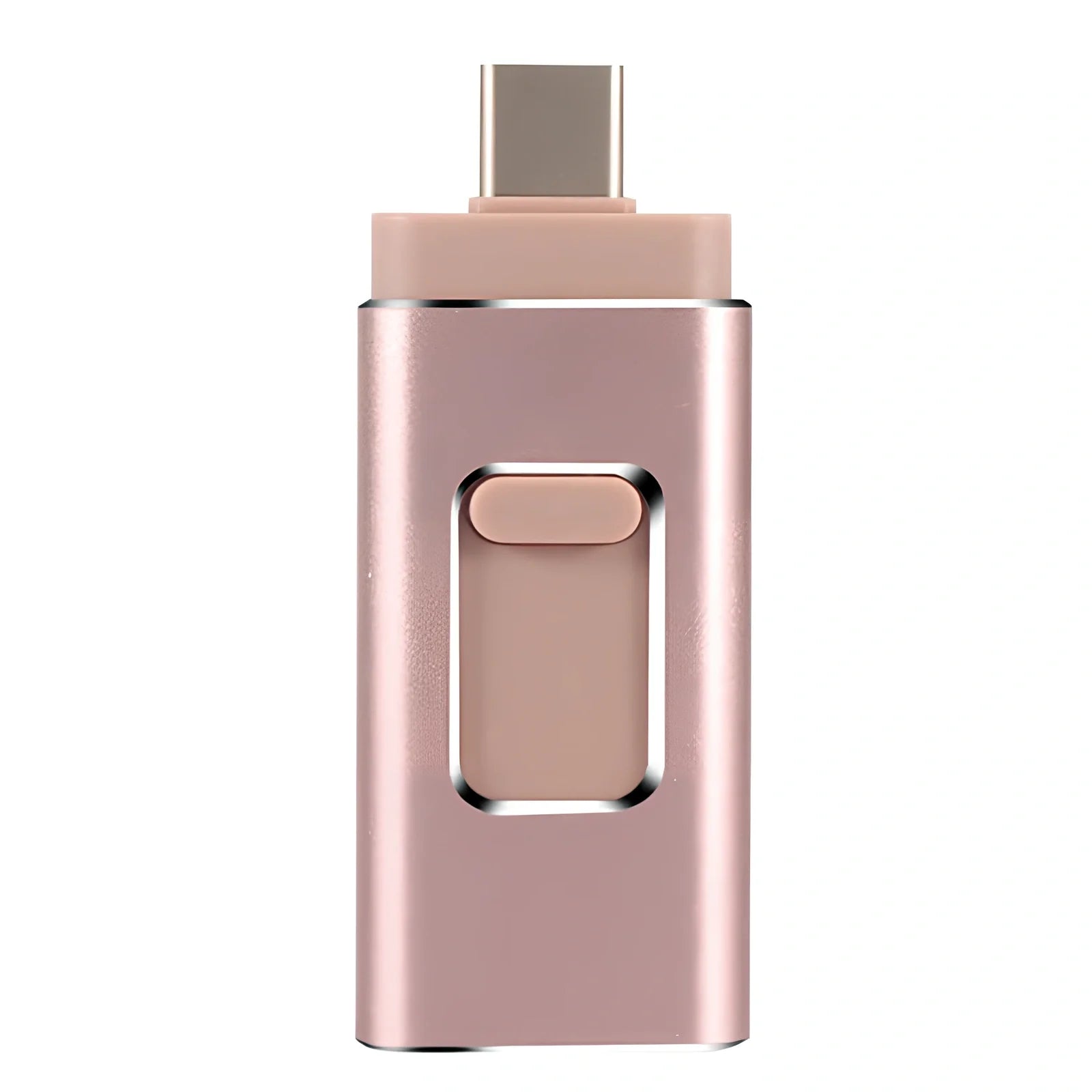 Black 4-in-1 USB key showing Lightning Type-C USB ports, 67.5mm size for iPhone Android storage 8GB-512GB