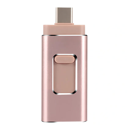 Black 4-in-1 USB key showing Lightning Type-C USB ports, 67.5mm size for iPhone Android storage 8GB-512GB