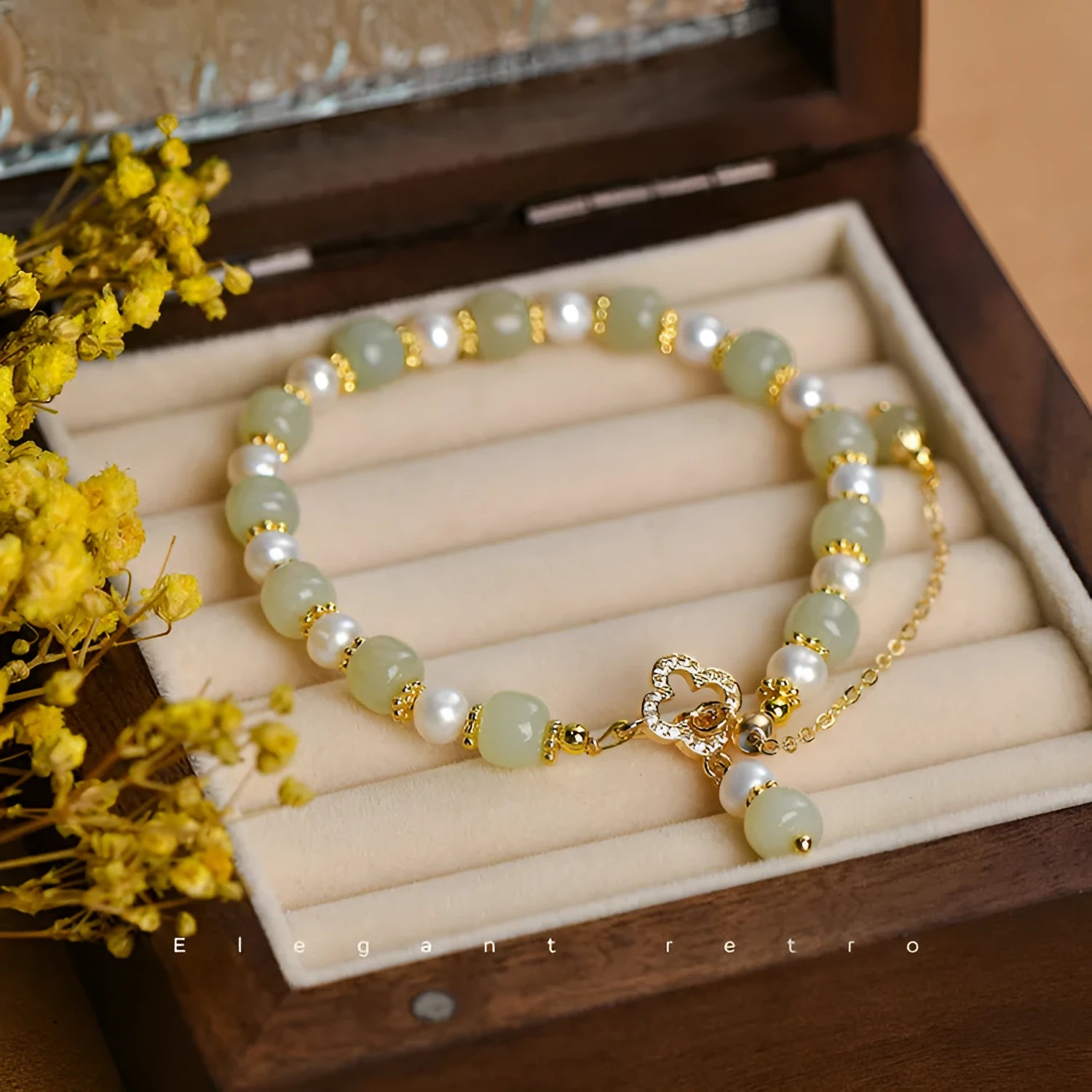 Natural Hetian jade pearl pendant women's bracelet with gold alloy electroplated finish in Chinese style