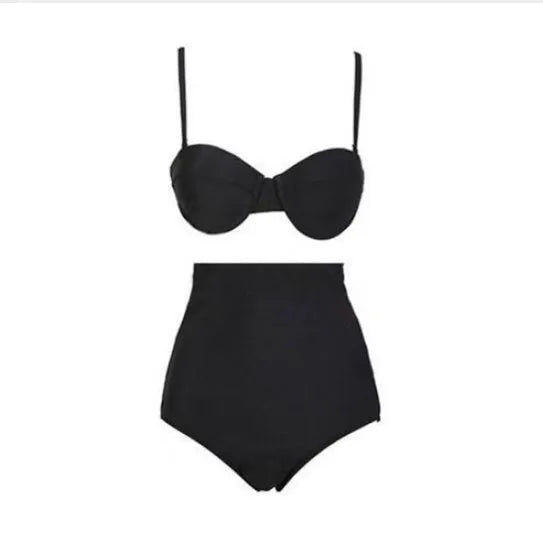 Black solid colour retro high waist bikini swimsuit for women two piece swimwear