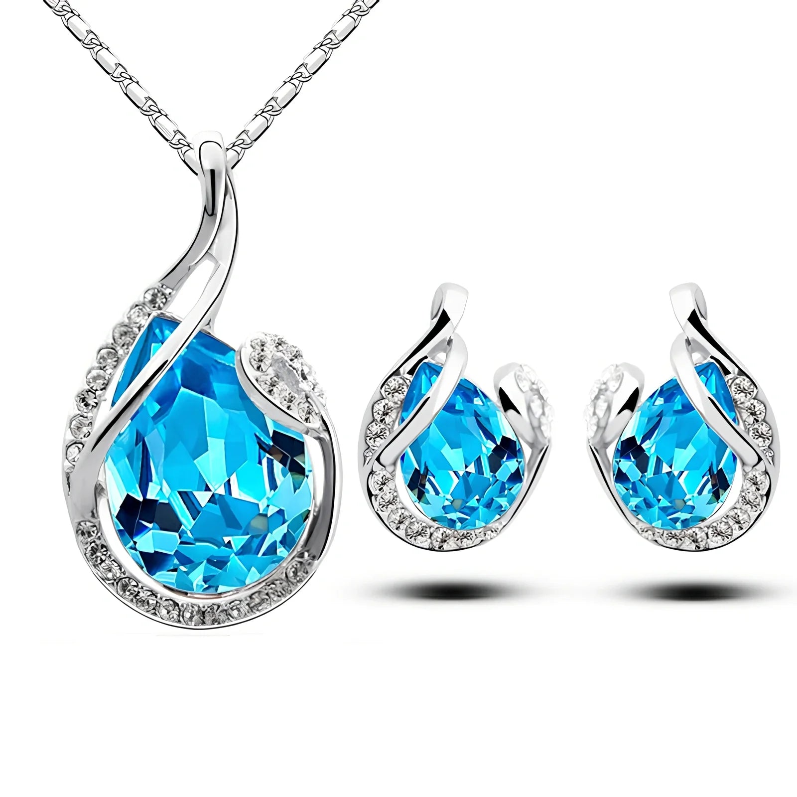 3-piece water-drop rhinestone necklace set with adjustable 21-50cm chain and matching stud earrings in blue, electroplated alloy for women's fashion