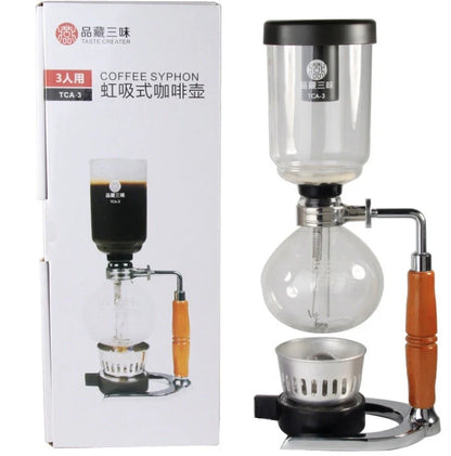 Siphon Coffee Maker with glass pot and wooden handle for 3 people