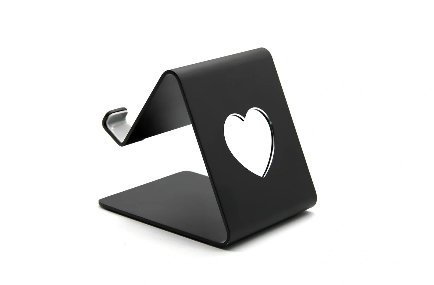 Adjustable black or silvery aluminium stand propping phone and tablet at 20cm height on desk