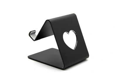 Adjustable black or silvery aluminium stand propping phone and tablet at 20cm height on desk