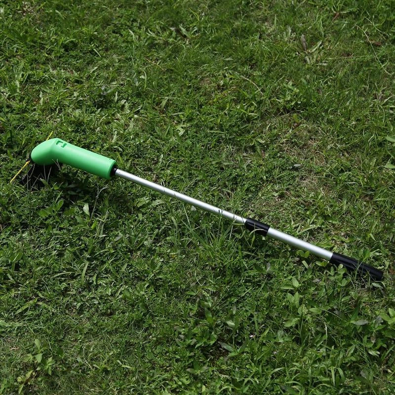 Cordless lawn trimmer with extension pole and protective debris shield for easy garden maintenance