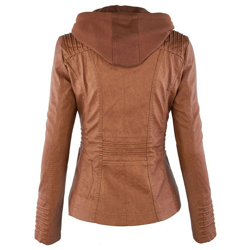 Stylish detachable hooded leather jacket for women in various colors