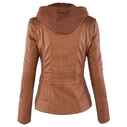 Stylish detachable hooded leather jacket for women in various colors