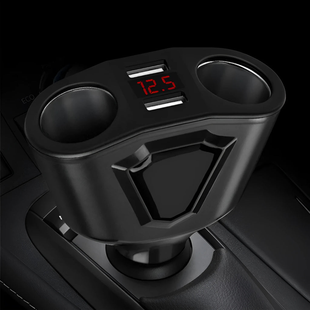 Black dual USB car charger with digital LCD screen showing voltage and current