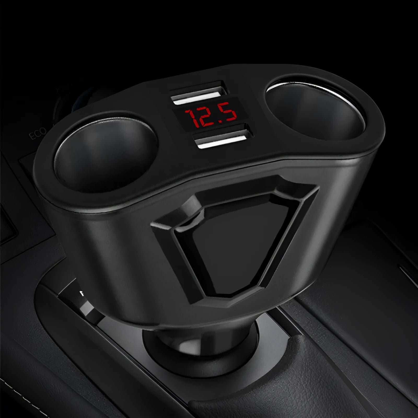 Black dual USB car charger with digital LCD screen showing voltage and current