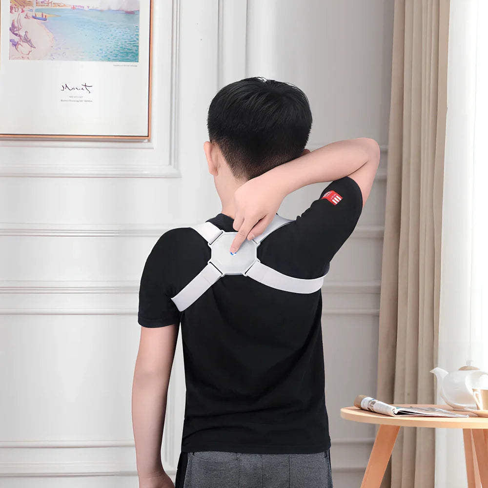 Grey adjustable posture corrector belt for kids and adults, 210g weight with real-time hunchback assessment straps
