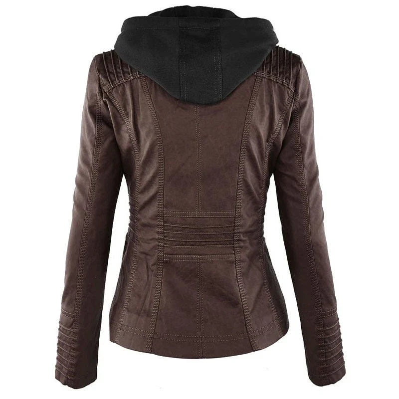 Stylish detachable hooded leather jacket for women in various colors