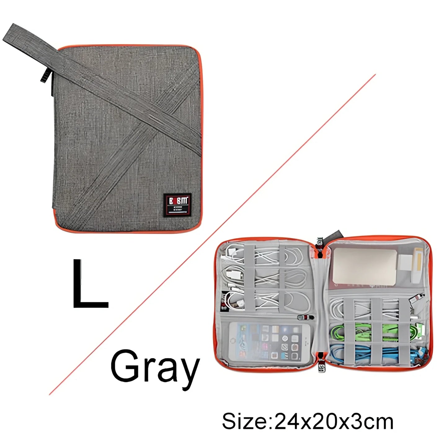 BUBM double-layer XL travel cable organizer in black, with compartments for USB, phone, charger, iPad cables, 25cm x 15cm x 10cm