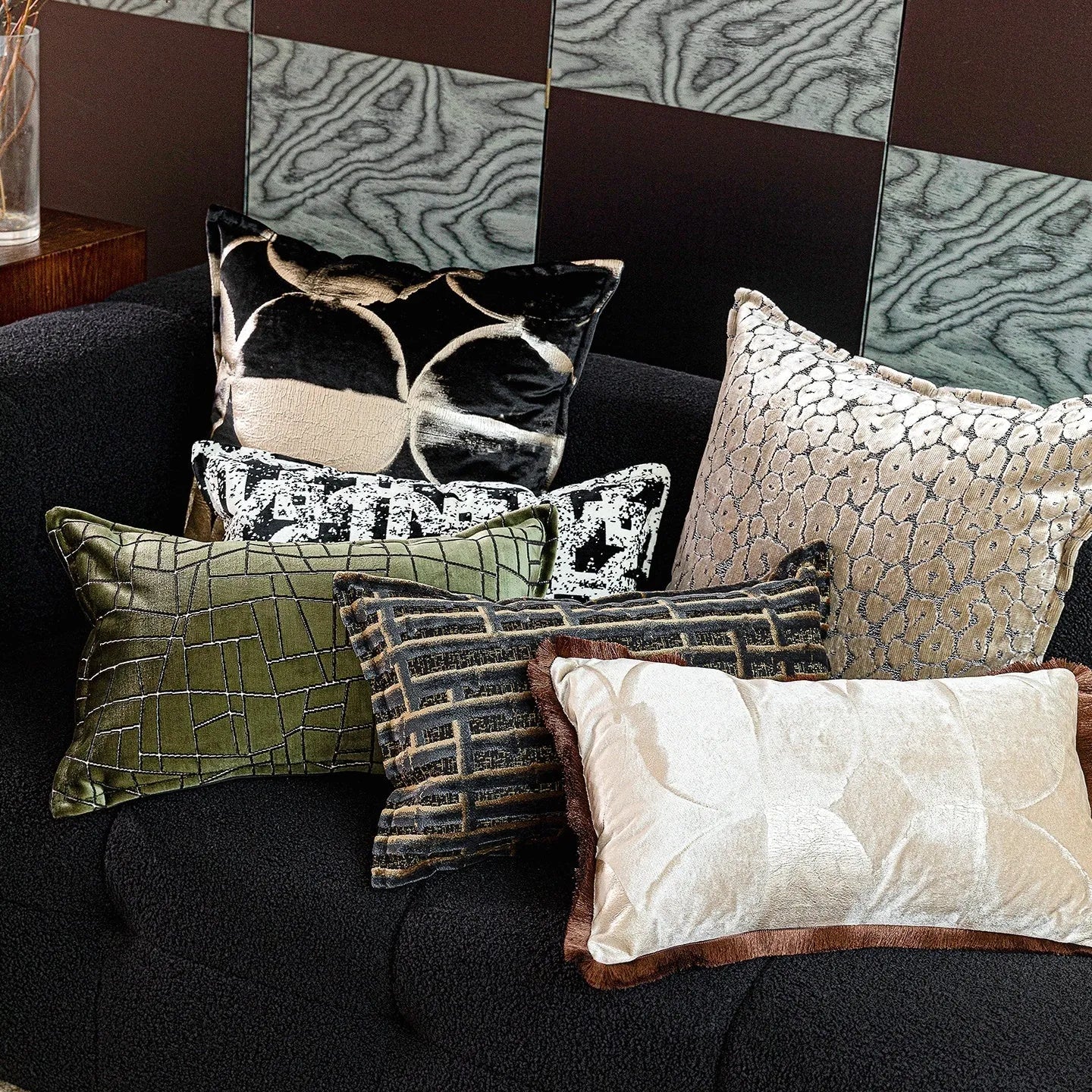 Black and gold abstract full moon pattern decorative cushion with removable cover