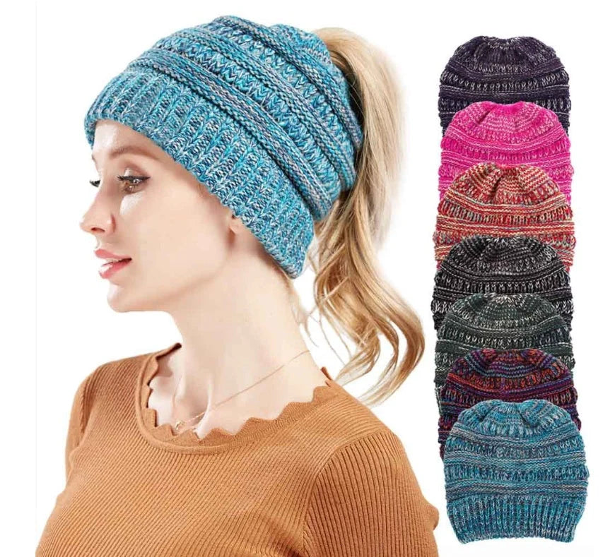 Mixed colour knitted wool hat for ladies with ponytail opening, available in various colours