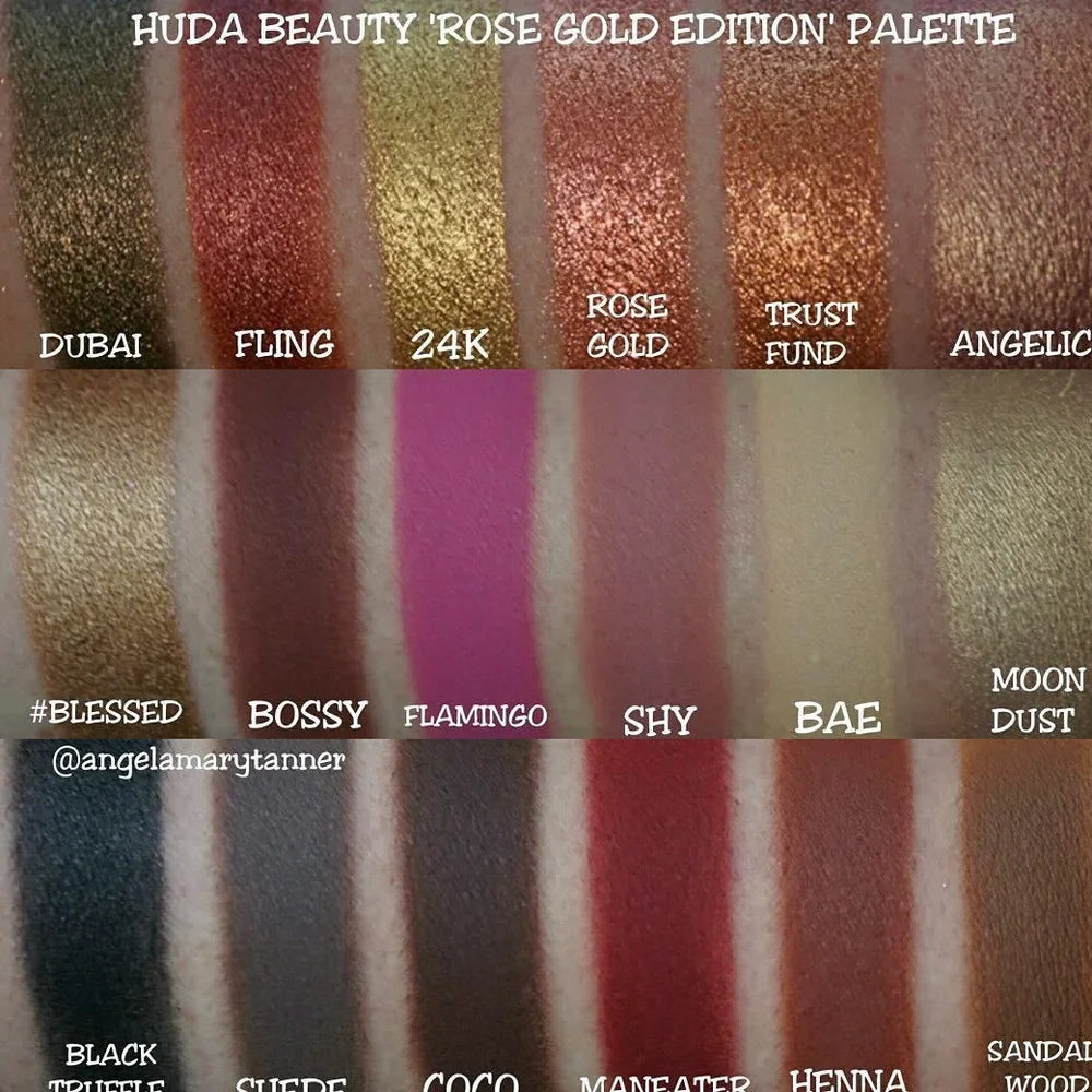 Rose gold eyeshadow palette with 35 warm neutral tones showing matte and shimmer finishes