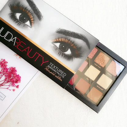 Rose gold eyeshadow palette with 35 warm neutral tones showing matte and shimmer finishes