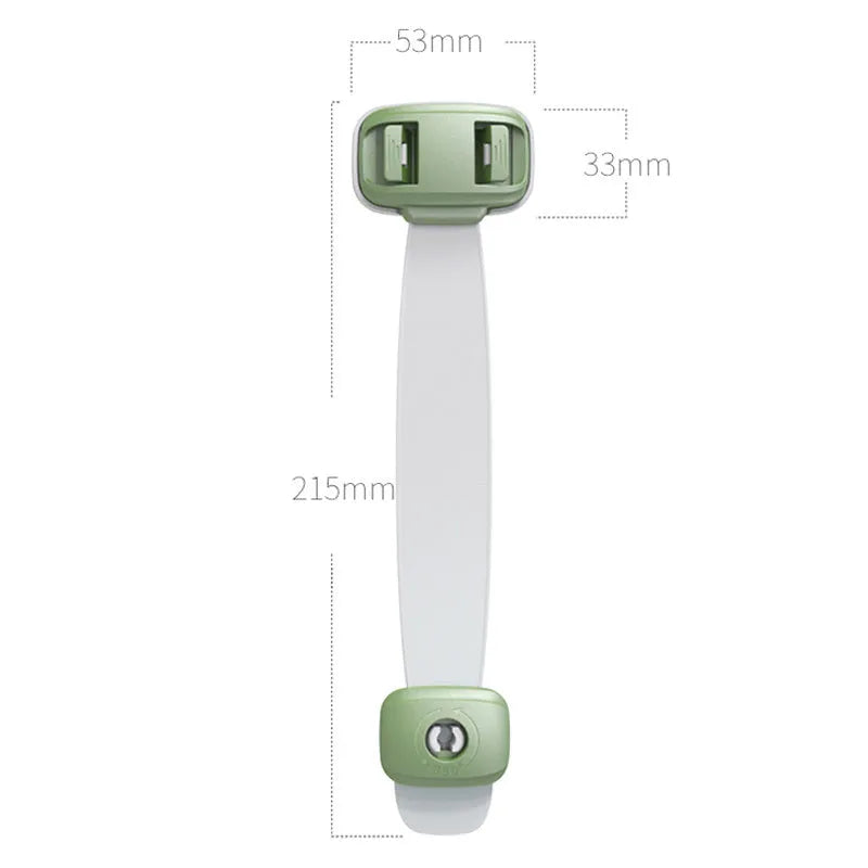 Adjustable child safety lock with strap shown securing a cabinet door using 3M adhesive