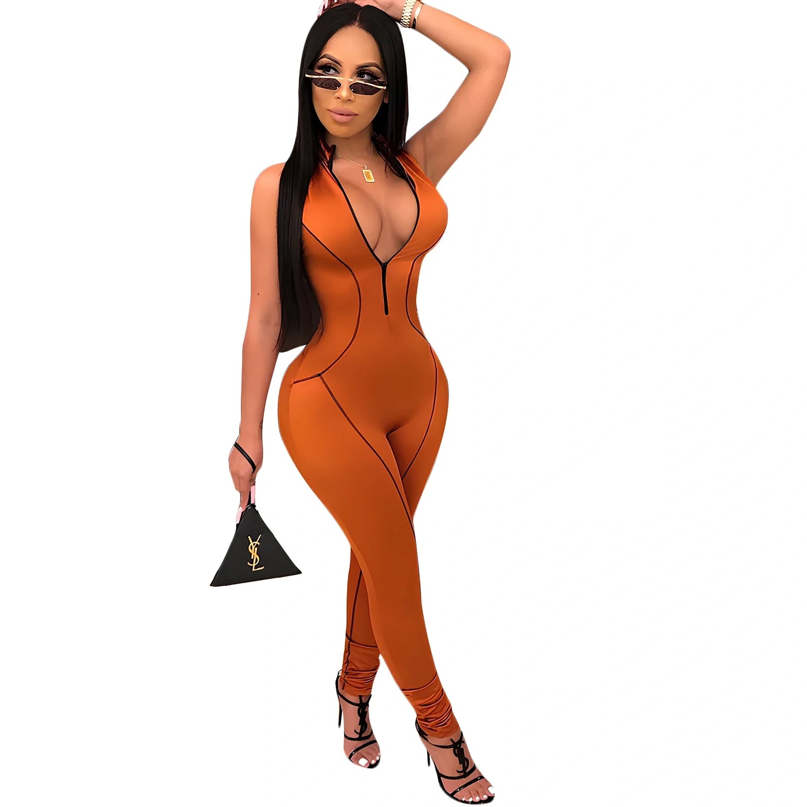 Side-striped jumpsuit in blue with Asian sizing, stripes for leg lengthening, sizes S-2XL