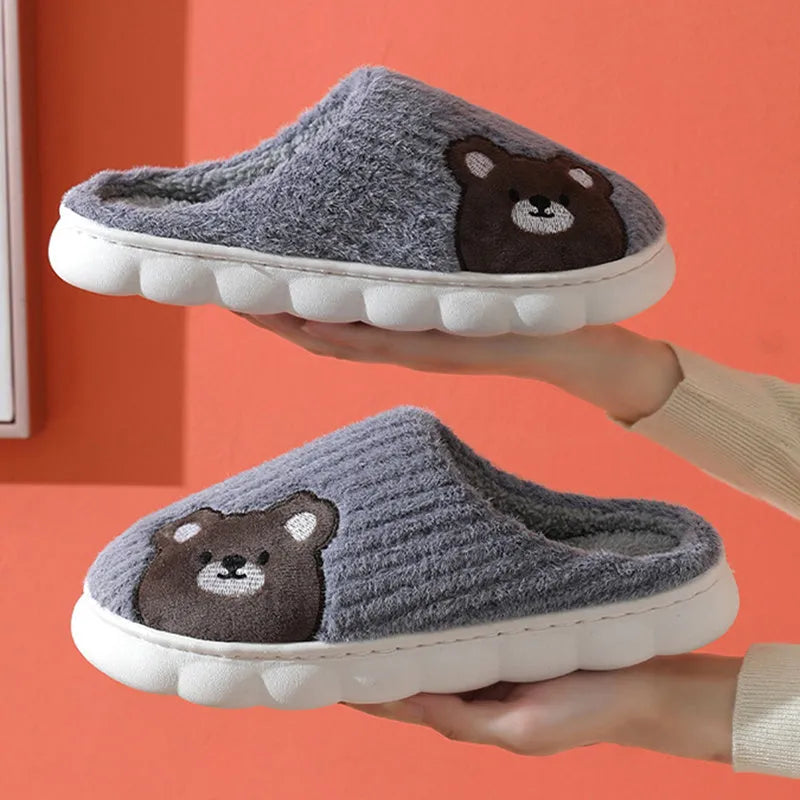 Cute rabbit striped slippers for women, thick PVC sole, plush upper, warm indoor non-slip home footwear