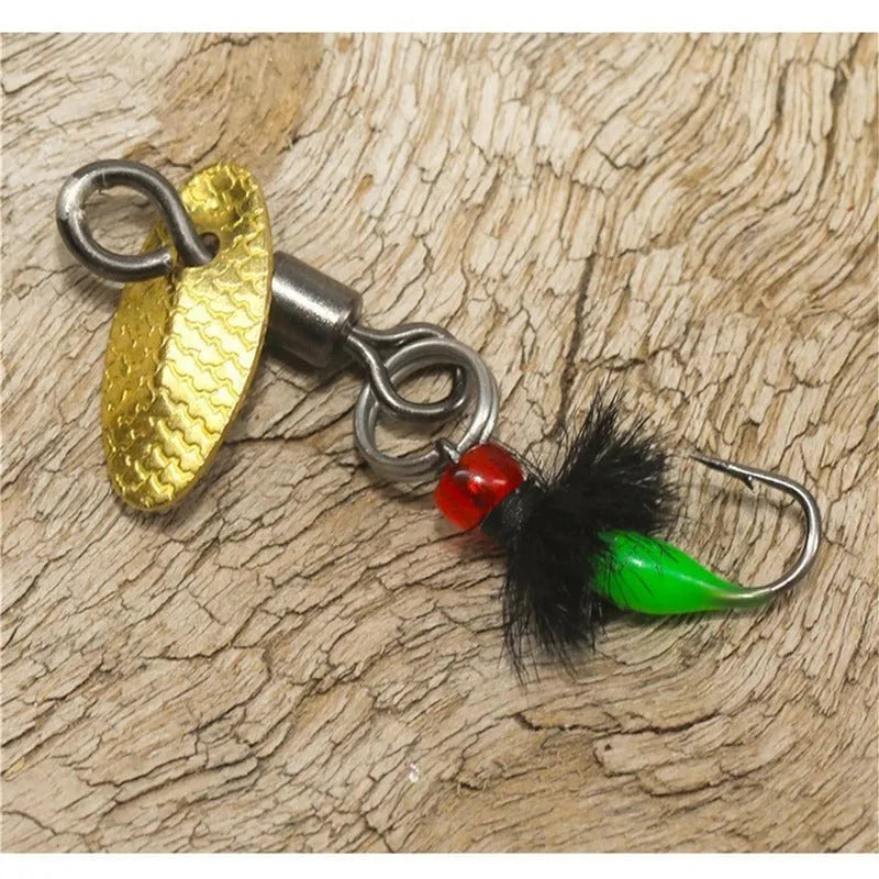 Five bionic poisonous mosquito and fly fishing hooks with multicolour patterns and sequins