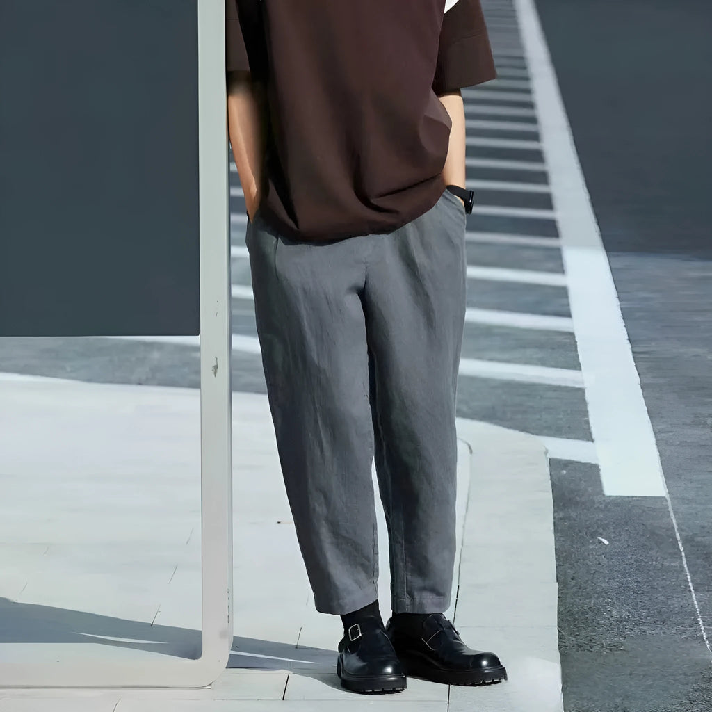 Men's loose straight casual summer pants in beige with drawstring waistband