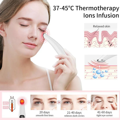 White electronic eye massager with adjustable temperature settings and vibration therapy for eye strain relief