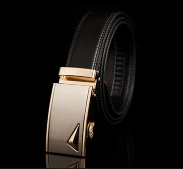 Men's automatic buckle leather belt with gold buckle head, 3.55cm width