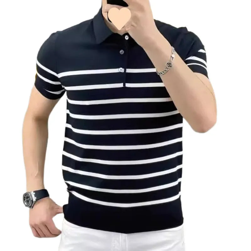 Black and white striped knitted T-shirt with a lapel collar, shown in Asian sizes M L XL 2XL 3XL.