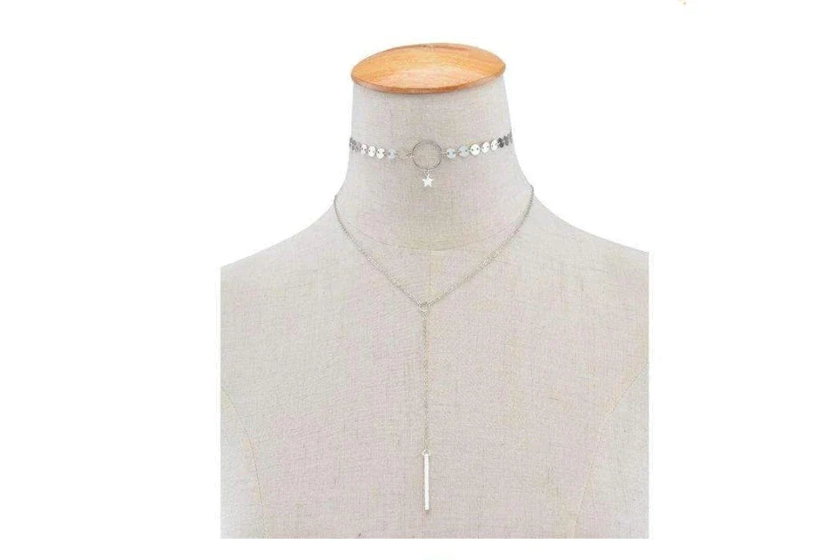 Star Goddess Duo Layering Choker Necklace in gold and silver