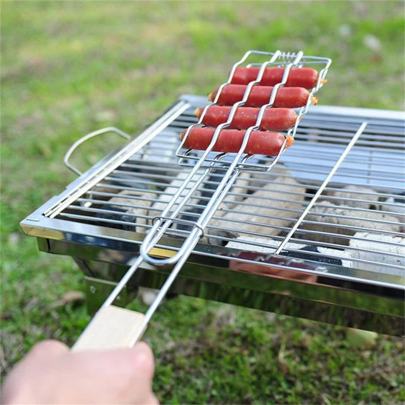 Wooden handle barbecue sausage and vegetable clip set for outdoor grilling