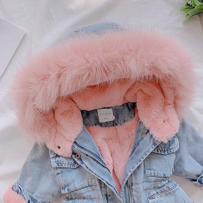 Girl denim coat in blue and pink with plus velvet lining and attached hat