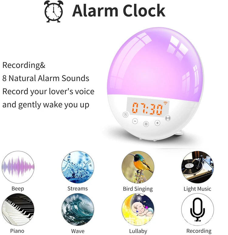 WiFi Voice Control Intelligent Alarm Clock with Sunrise Wake-up Light on bedside table
