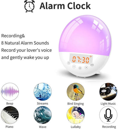 WiFi Voice Control Intelligent Alarm Clock with Sunrise Wake-up Light on bedside table
