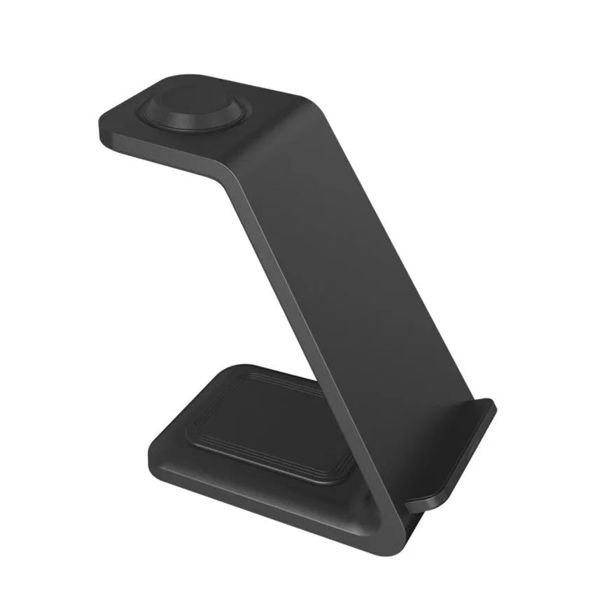 White 3-in-1 upright wireless charging stand holding a mobile phone at an angle