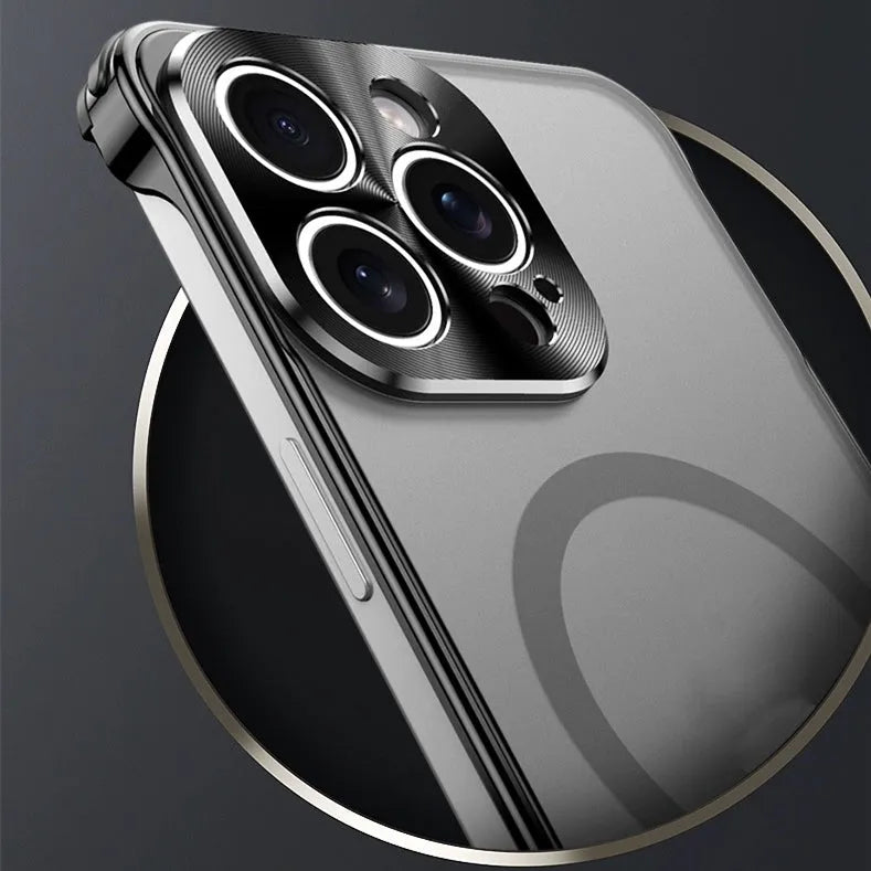 Black matte magnetic suction ultra-thin phone case for iPhone with metal frame and PC backboard