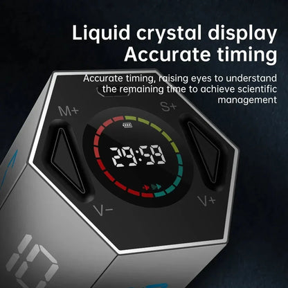 A sleek, modern digital kitchen timer with a large display and adjustable volume settings