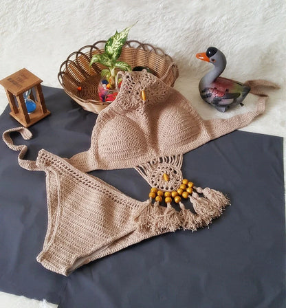 Crochet tassel bikini set with adjustable ties in black, khaki, and white colours showing front and back views