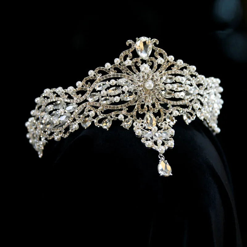 Silver Baroque bride crown with pearl and quota decoration on alloy frame, 15cm diameter