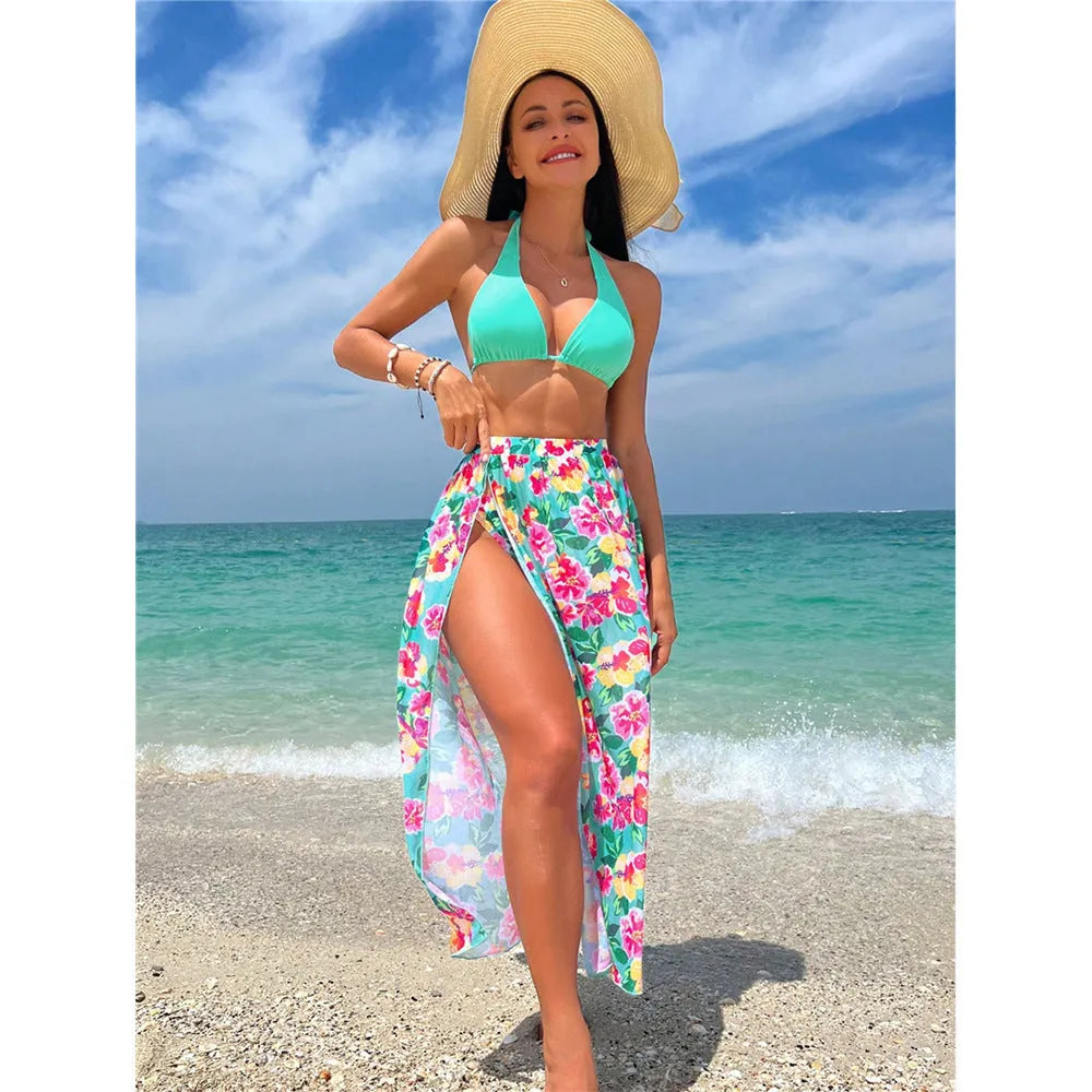 Sexy high slit three-piece printed swimsuit set for women in floral pattern, Lake Green colour