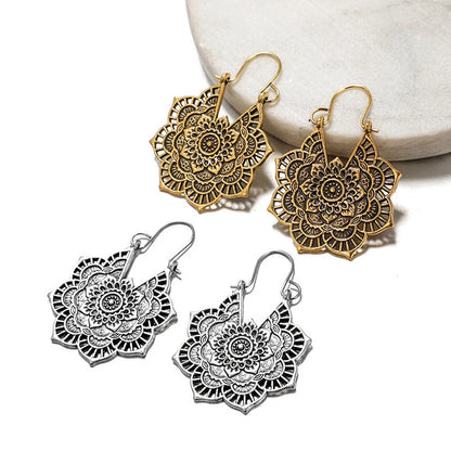 Vintage ethnic style metal openwork floral flower earrings in gold and silvery finishes