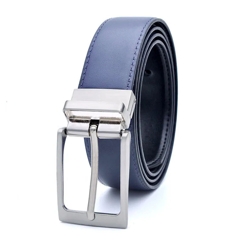 Men's brown and black genuine leather belt with rotating alloy pin buckle showing length options