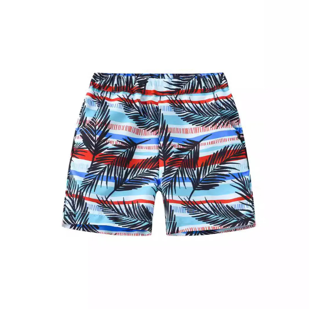 Children's colourful printed beach shorts with hairband belt waistband in coconut tree design