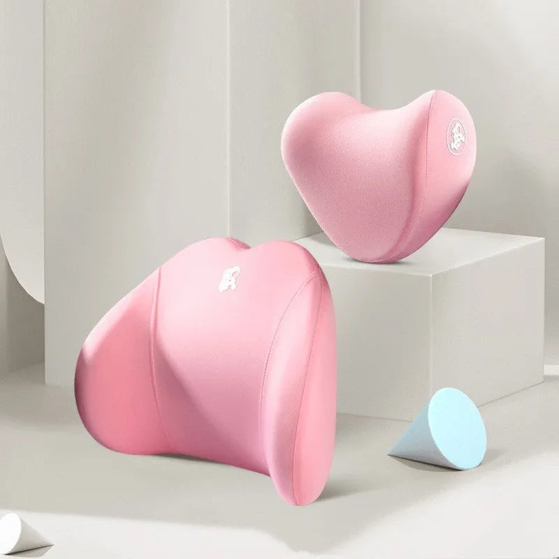 Heart-shaped memory foam car pillow set with cotton cover showing headrest and lumbar support pillows