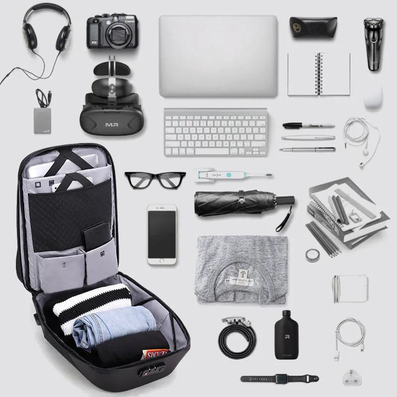 Men's anti-theft cross body shoulder bag for 15.6 inch laptop in black polyester with multiple pockets