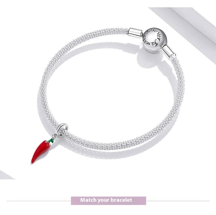 Korean style pepper pendant necklace in sterling silver with leaf-shaped charm and electroplated BSC461 finish