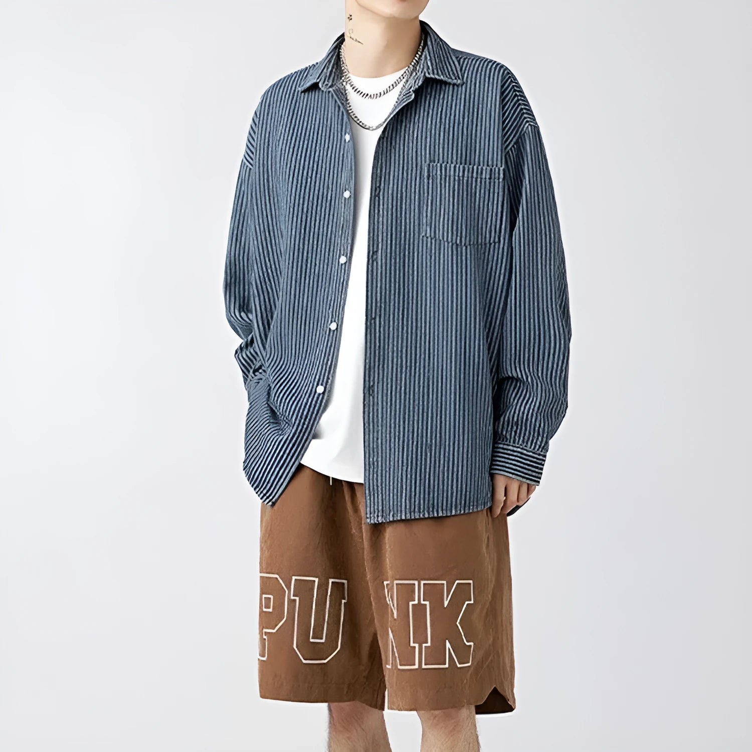 Blue men's denim shirt cardigan style with stripes on hanger
