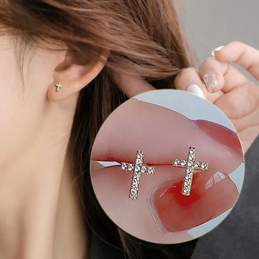2024 stainless steel cross earrings with inlaid zircon for women