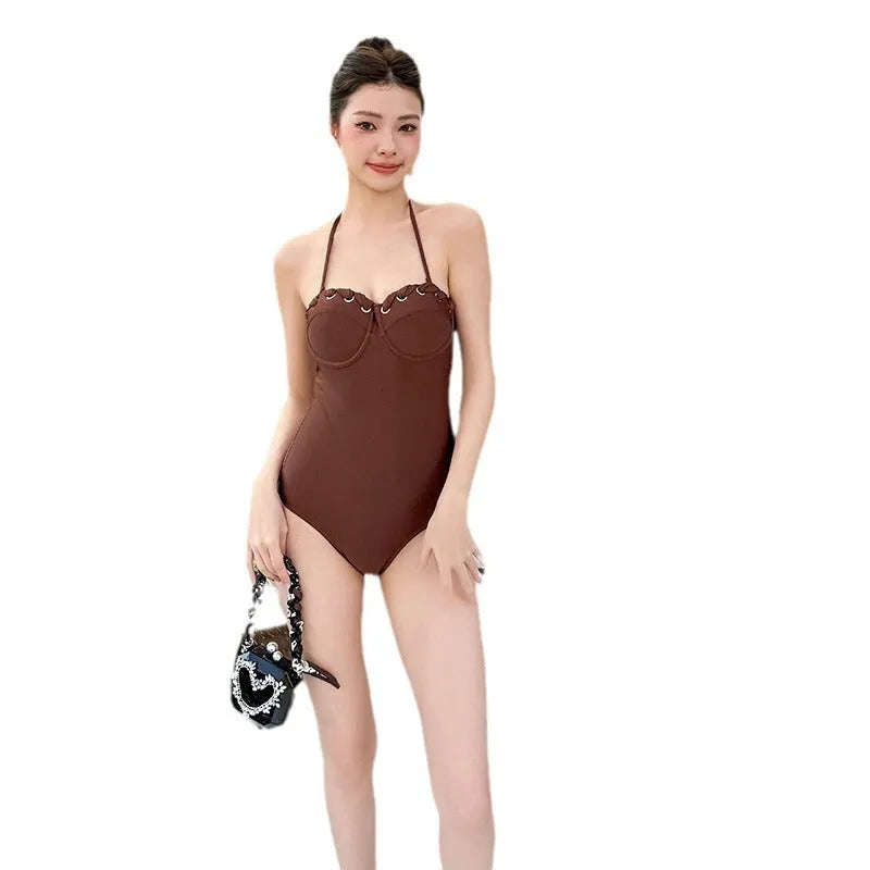 Simple retro one-piece swimsuit for women in polyester fibre, available in M L XL, colour as shown