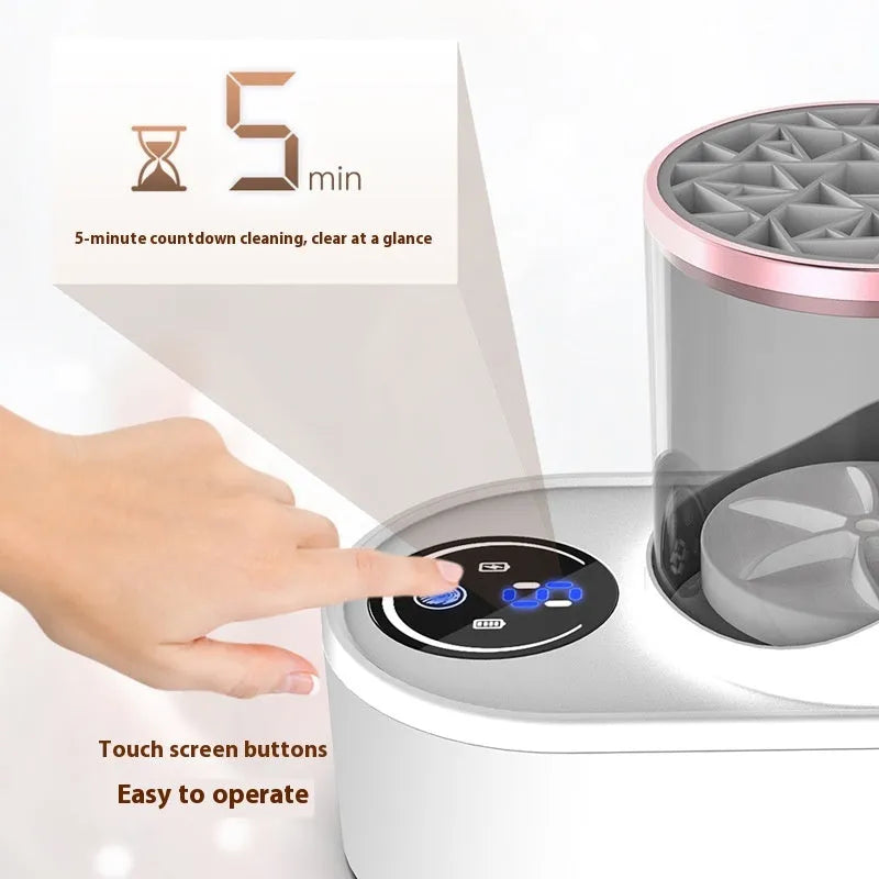 Automatic makeup brush cleaner with drying chamber showing brush holder and control buttons